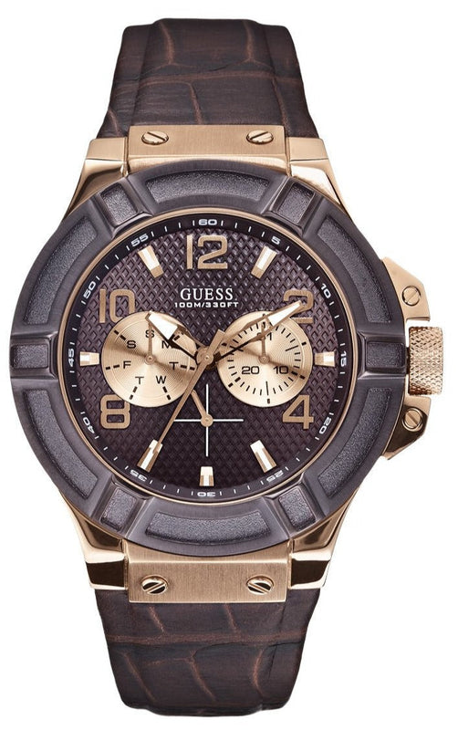 Buy Shop Guess Rigor Analog Brown Dial Brown Leather Strap Watch For Men - W0040G3 USA Online
