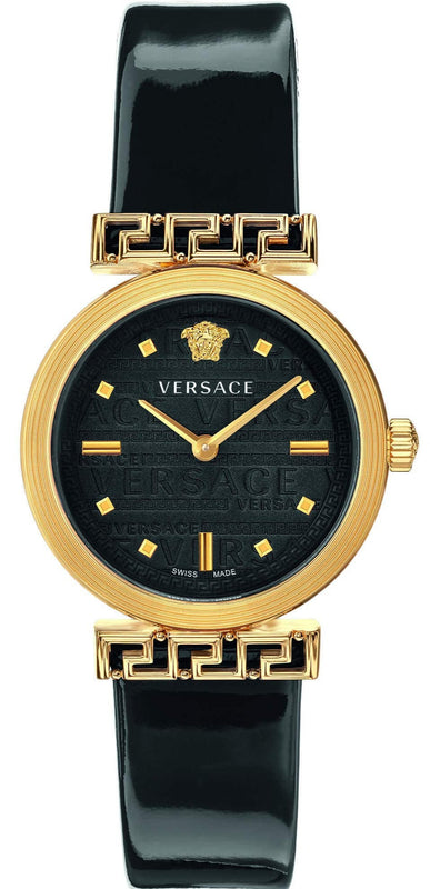 Buy Shop Versace Greca Meander Black Dial Black Leather Strap Watch for Women - VELW00420 USA Online
