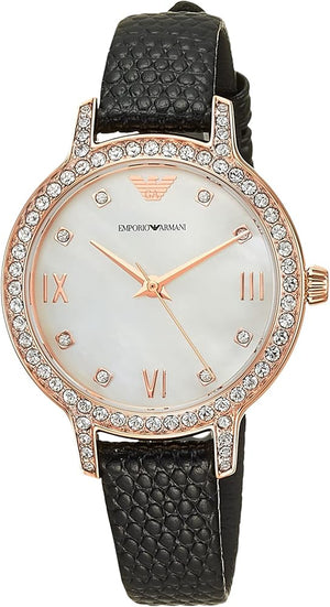 Buy Shop Emporio Armani Cleo Three-Hand Mother of Pearl Dial Black Leather Strap Watch For Women - AR11485 USA Online