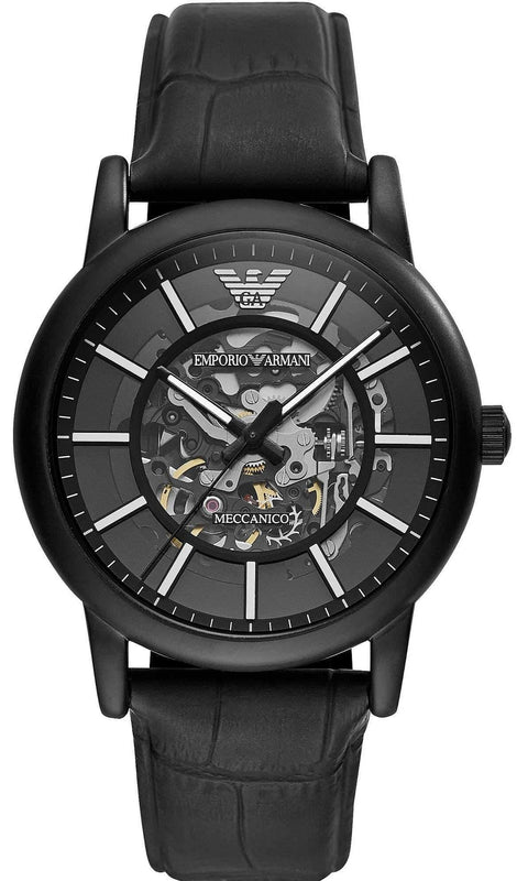 Buy Shop Emporio Armani Meccanico Automatic Skeleton Dial Black Leather Strap Watch For Men - AR60008 USA Online