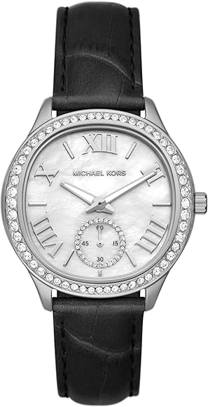 Buy Shop Michael Kors Sage Three-Hand Mother of Pearl White Dial Black Leather Strap Watch for Women - MK4821 USA Online