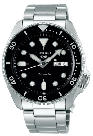 Seiko 5 Sports Automatic Day Date Black Dial Silver Steel Strap Watch for Men - SRPD55K1