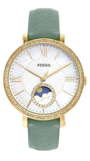 Buy Shop Fossil Jacqueline Analog Moonphase Mother of Pearl White Dial Green Leather Strap Watch for Women - ES5168 USA Online