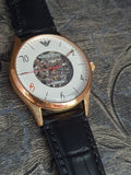 Buy Shop Emporio Armani Meccanico White Skeleton Dial Black Leather Strap Watch For Men - AR1924 USA Online