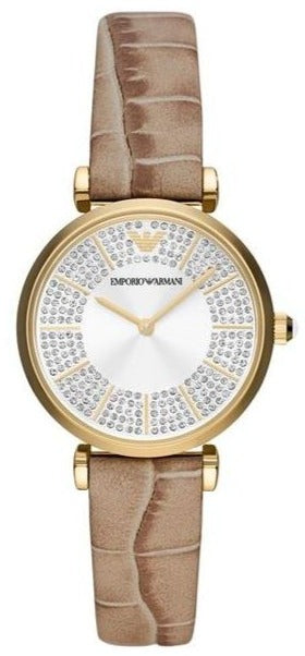 Buy Shop Emporio Armani Gianni T Bar Crystals Silver Dial Brown Leather Strap Watch For Women - AR11518 USA Online