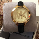 Buy Shop Michael Kors Slim Runway Quartz Gold Dial Black Leather Strap Watch For Women - MK2392 USA Online