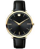 Movado Ultra Slim Black Dial Black Leather Strap Watch For Women - 0607091