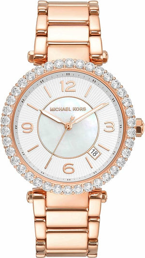 Buy Shop Michael Kors Parker Three-Hand Mother of Pearl White Dial Rose Gold Steel Strap Watch For Women - MK4695 USA Online