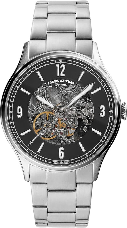 Buy Shop Fossil Forrester Automatic Skeleton Black Dial Silver Steel Strap Watch for Men - ME3180 USA Online