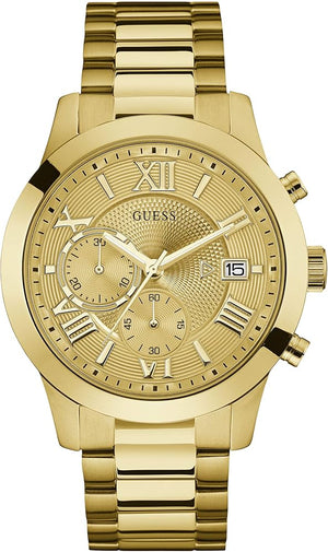 Guess Atlas Chronograph Gold Dial Gold Steel Strap Watch For Men - W0668G4