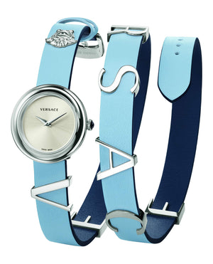 Buy Shop Versace V Flare Silver Dial Blue Leather Strap Watch for Women - VEBN00118 USA Online