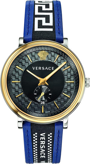 Versace  V-Circle Black Dial Blue Leather Strap Watch for Men - VEBQ01419