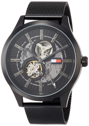 Buy Shop Tommy Hilfiger Spencer Skeleton Black Dial Black Mesh Bracelet Watch for Men - 1791644 USA Online