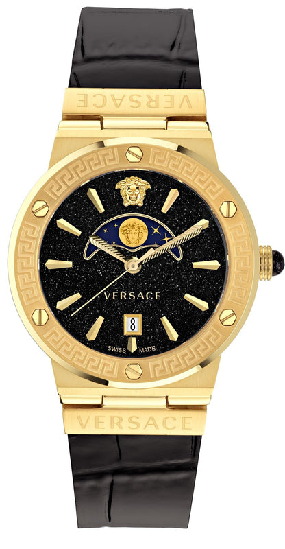 Buy Shop Versace Greca Moonphase Analog Black Dial Black Leather Strap Watch For Men - VE7G00123 USA Online