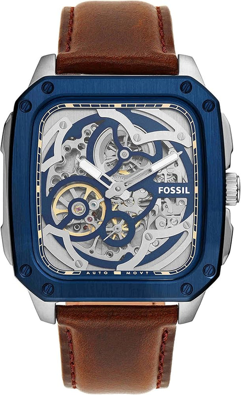 Buy Shop Fossil Inscription Automatic Skeleton Blue Dial Brown Leather Strap Watch for Men - BQ2571 USA Online