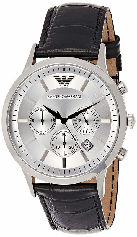 Buy Shop Emporio Armani Classic Chronograph Silver Dial Black Leather Strap Watch For Men - AR2432 USA Online