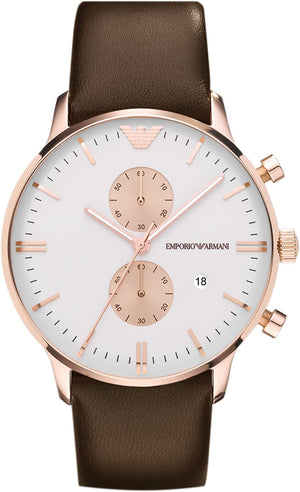 Buy Shop Emporio Armani Gianni Classic Chronograph White Dial Brown Leather Strap Watch For Men - AR0398 USA Online