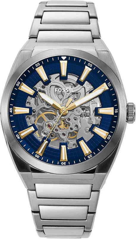 Buy Shop Fossil Everett Automatic Skeleton Blue Dial Silver Steel Strap Watch for Men - ME3220 USA Online