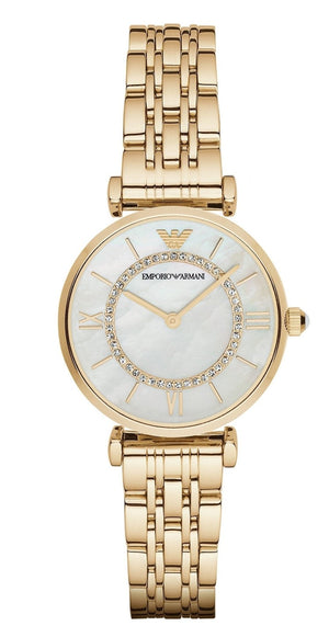 Buy Shop Emporio Armani Gianni T Bar White Mother of Pearl Dial Gold Steel Strap Watch For Women - AR1907 USA Online