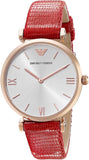 Buy Shop Emporio Armani Gianni T Bar Silver Dial Red Leather Strap Watch For Women - AR1876 USA Online