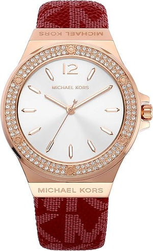 Buy Shop Michael Kors Lennox Three Hand Silver Dial Red Leather Strap Watch For Women - MK7308 USA Online