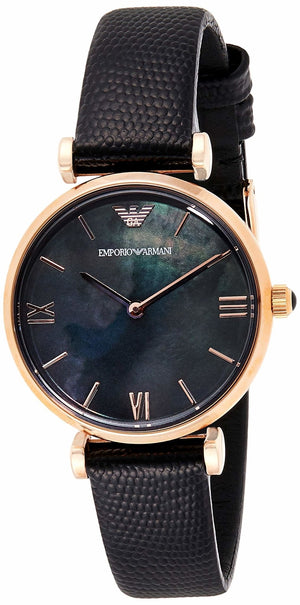 Buy Shop Emporio Armani Gianni T Bar Black Mother of Pearl Dial Black Leather Strap Watch For Women - AR11060 USA Online