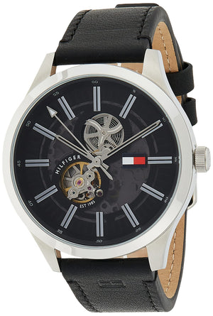 Buy Shop Tommy Hilfiger Spencer Skeleton Black Dial Black Leather Strap Watch for Men - 1791641 USA Online