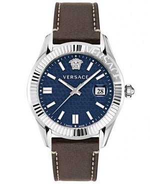 Buy Shop Versace Greca Time Quartz Blue Dial Brown Leather Strap Watch For Men - VE3K00122 USA Online