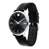 Movado Ultra Slim Black Dial Black Leather Strap Watch For Men - 0607086