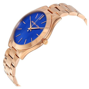 Buy Shop Michael Kors Slim Runway Quartz Blue Dial Rose Gold Steel Strap Watch For Women - MK3494 USA Online