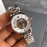 Buy Shop Emporio Armani Gianni T Bar Silver Skeleton Dial Two Tone Strap Watch For Women - AR1992 USA Online