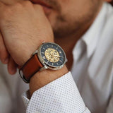 Buy Shop Fossil Neutra Automatic Luggage Skeleton Blue Dial Brown Leather Strap Watch for Men - ME3160 USA Online