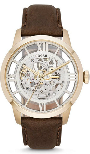 Buy Shop Fossil Townsman Automatic Skeleton Gold Dial Brown Leather Strap Watch for Men - ME3043 USA Online