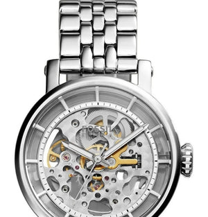 Buy Shop Fossil Boyfriend Automatic Skeleton Silver Dial Silver Steel Strap Watch for Women - ME3067 USA Online
