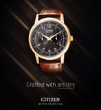 Citizen Eco Drive Multi Function Day & Date Black Dial Brown Leather Strap Watch For Men - AO9003-08E