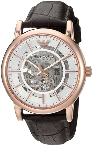 Buy Shop Emporio Armani Meccanico Silver Skeleton Dial Brown Leather Strap Watch For Men - AR1983 USA Online