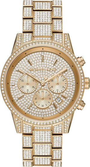 Buy Shop Michael Kors Ritz Three-Hand Glitz Crystals Gold Dial Gold Steel Strap Watch for Women - MK6747 USA Online