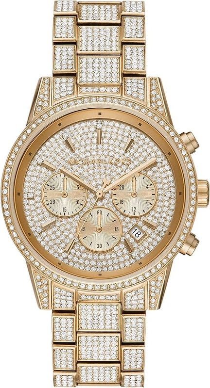 Buy Shop Michael Kors Ritz Three-Hand Glitz Crystals Gold Dial Gold Steel Strap Watch for Women - MK6747 USA Online