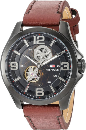 Buy Shop Tommy Hilfiger Bruce Automatic Black Dial Brown Leather Strap Watch for Men - 1791280 USA Online