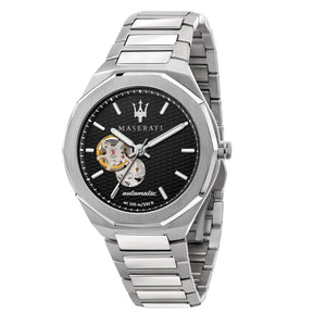 Buy Shop Maserati Stile Skeleton Automatic Black Dial Silver Steel Strap Watch For Men - R8823142002 USA Online