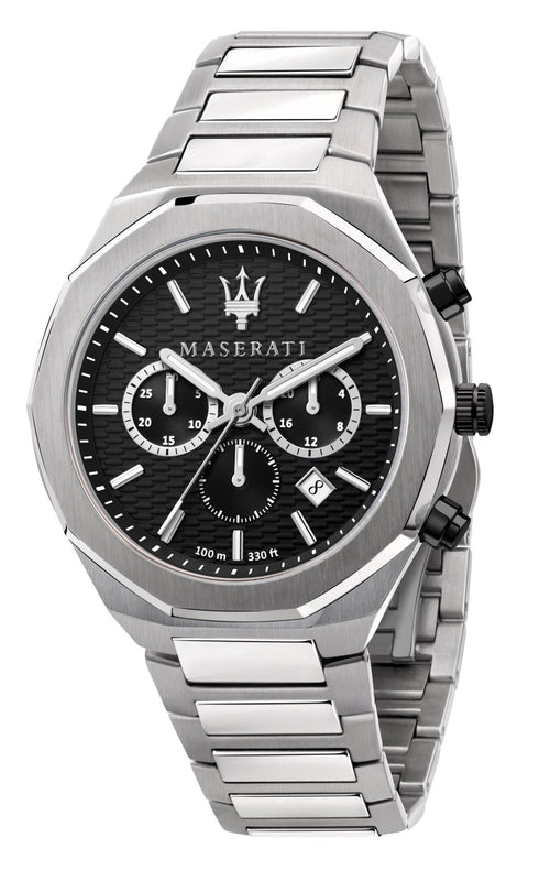 Buy Shop Maserati Stile Chronograph Black Dial Silver Steel Strap Watch For Men - R8873642004 USA Online