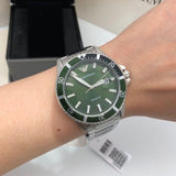 Emporio Armani Three Hand Green Dial Silver Steel Strap Watch For Men - AR11338