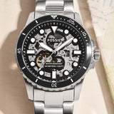 Buy Shop Fossil FB-01 Automatic Skeleton Black Dial Silver Steel Strap Watch for Men - ME3190 USA Online