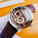 Bulova Classic Skeleton Automatic Brown Dial Brown Leather Strap Watch for Men - 96A120