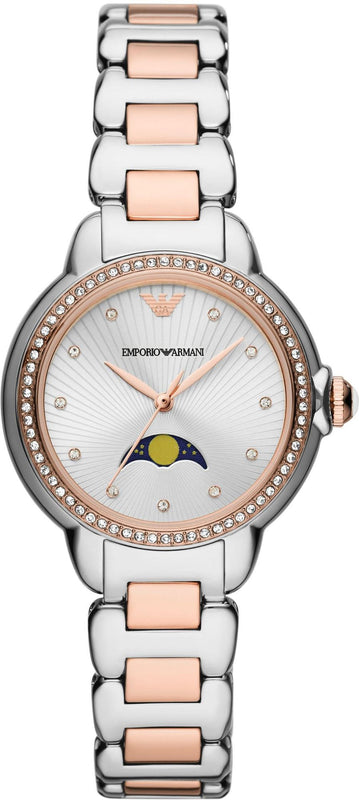 Buy Shop Emporio Armani Mia Three Hand Moonphase Mother of Pearl Dial Two Tone Steel Strap Watch For Women - AR11567 USA Online