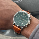 Emporio Armani Renato Chronograph Green Dial Brown Leather Strap Watch For Men - AR2493