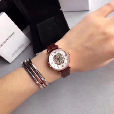Buy Shop Emporio Armani Meccanico Skeleton Mother of Pearl Dial Brown Leather Strap Watch For Women - AR1993 USA Online