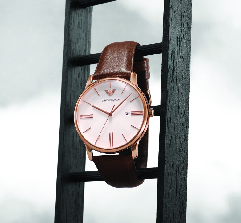 Buy Shop Emporio Armani Minimalist Quartz White Dial Brown Leather Strap Watch For Men - AR11572 USA Online