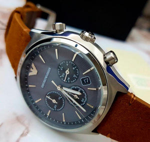 Buy Shop Emporio Armani Zeta Chronograph Gray Dial Brown Leather Strap Watch for Men - AR11080 USA Online