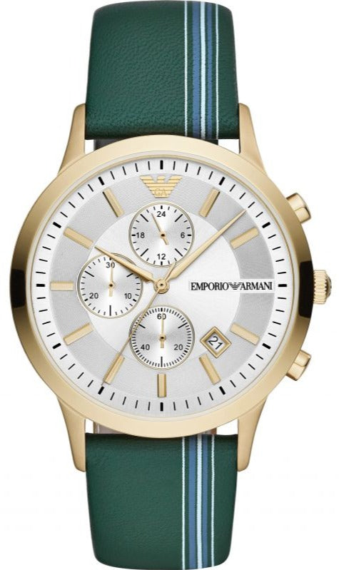 Buy Shop Emporio Armani Renato Chronograph Silver Dial Green Leather Strap Watch For Men - AR11233 USA Online